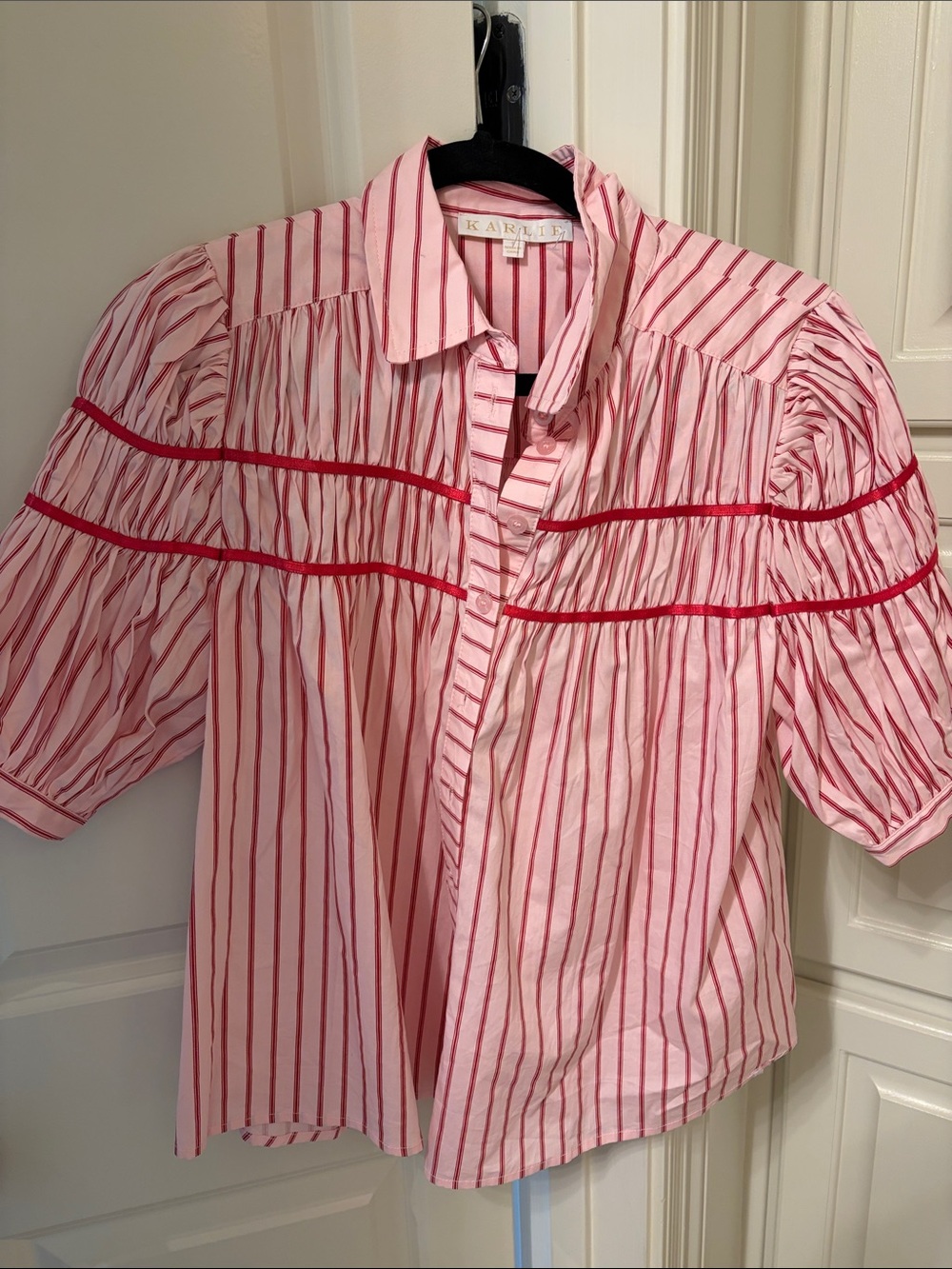 Karlie Pink and White Striped Puff-Sleeve Button-Front Top